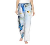 Pantalon de pyjama en polyester doux pour femme avec imprimé fleurs et papillons - Pantalon de survêtement ample et confortable avec poches, Noir , S