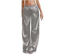 Pantalon de pyjama en satin pour femme - Jambe large - Taille élastique - Pantalon de sport décontracté avec poches - Pantalon extensible pour femme - Travail décontracté, gris, M