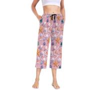 Pantalon de pyjama extensible pour femme - Grande taille - Capri - Pantalon de nuit mignon pour femme - Étoile de mer - Rose perle - Rétro, Étoile de mer perle rose rétro, L