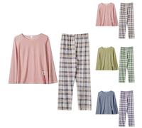 Pantalon de pyjama pour femme à carreaux en coton imprimé à carreaux pour femme - Haut uni avec bas à carreaux - Coupe confortable - Vêtements de nuit à manches longues et col rond - Ensembles de