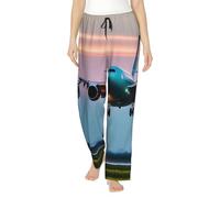 Pantalon de pyjama pour femme, motif avion dans les lumières du soir, pantalon de détente allongé sur le canapé lors d'un week-end paresseux, Noir , M