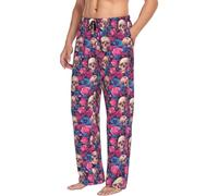 Pantalon de pyjama pour homme avec poches motif crâne rose et fleurs bleues, pantalon de salon doux pour homme, pantalon de pyjama confortable pour homme, Noir , M