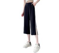 Pantalon de Sport Décontracté Pantalon féminin décontracté en Mousseline Fluide à Jambe Ample et Ourlet Droit Coupe Ample Ceinture élastique Polyvalent été et Automne Court Style Casual (Black, L)