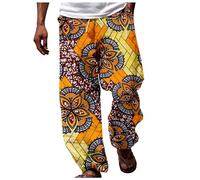 Pantalon de sport large pour homme - Imprimé africain - Style national traditionnel - Pantalon de détente - Jambe droite - Taille basse - Stretch - Pantalon de jogging - Style hippie, Jaune T1, M