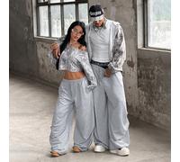 Pantalon de survêtement ample à jambes larges taille basse gris avec poches, style minimaliste basique pour femme et homme, streetwear d'été décontracté et sportswear pour sortir et porter au quotidie