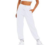 Pantalon de survêtement ample à taille élastique pour femme avec cordon de serrage décontracté taille haute - Couleur unie - Yoga - Coupe ample - Pantalon de jogging confortable et doux, blanc, M