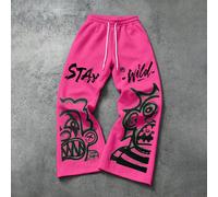 Pantalon de survêtement ample rose vif style Y2K pour hommes, imprimé graffiti monstre abstrait gothique, streetwear, taille à cordon de serrage, pantalon long ample, bas de sport décontractés pour va
