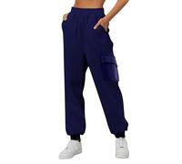 Pantalon de survêtement cargo ample avec poches pour adolescentes et filles, coupe ample, pantalon de yoga actif, confortable, doux, bleu, M