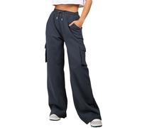 Pantalon de survêtement cargo pour femme - Jambe droite - Coupe ample - Pantalon de survêtement cargo baggy plus - Pantalon d'hiver à taille élastique - Pantalon d'hiver long et épais, bleu marine, S