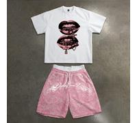 Pantalon de survêtement court à taille double couche, coupe boxy décontractée, style mode usé, rose, avec motif croix, pierres précieuses, lèvres et imprimé anglais cursif rose L,M,S,XL,XS,XXLPortrait