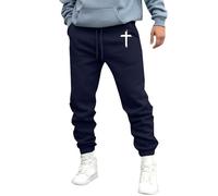 Pantalon de survêtement décontracté pour homme avec imprimé croix chrétienne, taille élastique, pantalon de jogging avec poches, bleu marine, 3XL