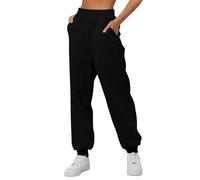 Pantalon de Survêtement Doublé en Polaire pour Femme - Jambe Large et Droite, Jogging, Entraînement, Taille Haute, Yoga avec Poches, Style Peintre (Black, M)