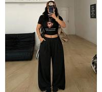 Pantalon de survêtement noir ample à taille élastique, mi-taille, jambes larges, style streetwear vintage, décontracté, pour femmes et hommes, grande taille, été-automne, pour sortir et la gym 0XL,1XL