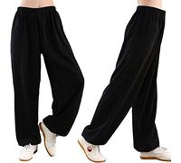 Pantalon de Tai Chi Unisexe Couleur Unie Loisirs Coton et Soie Costume Chinois pour Tai Chi and Wing Chun Taille Elastique Tenue de Tai Chi pour la Méditation et Le Qigong,001,L