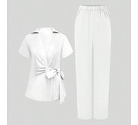 Pantalon de travail pour femme à col en V, manches courtes, nœud devant, volants et taille élastique ample, tenue de santé pour infirmière, dentiste, hôpital vétérinaire, laboratoire, automne L,M,S,XL