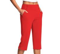 Pantalon de yoga 3/4 taille haute pour femme - Legging de sport extensible avec poches, bouton latéral, pantalon de travail décontracté grande taille, pantalon de fitness sept (rouge, 3XL)