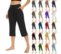 Pantalon de yoga court pour femme - Pantalon de yoga capri pour femme - Pantalon de survêtement taille haute avec poches - Pantalon de jogging confortable pour l'été, marron, S