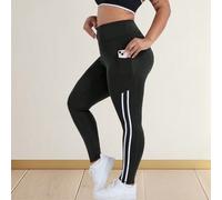 Pantalon de yoga décontracté à taille haute et contrôle du ventre pour femmes grandes tailles, avec bande blanche décorative sur le côté, poches latérales, legging pour l'entraînement, la course, le p