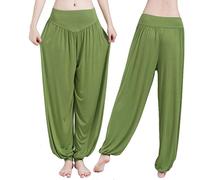Pantalon de Yoga pour Femme Yoga Pantacourt Harem Bouffant Super Doux Spandex Modal Yoga Pilates Sarouel Jambe Fitness Sport Jogging Danse Élastique Extensible Vert Herbe Taille M