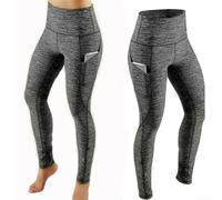 Pantalon de yoga taille haute pour femme avec poches - Legging extensible dans les 4 sens pour la gym, l'entraînement, la course à pied - Pantalon droit doux avec contrôle du ventre (gris chiné