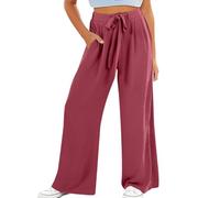 Pantalon d'école ample Y2K pour filles avec cordon de serrage - Esthétique - Pantalon palazzo fluide taille haute - Pantalon de jogging uni d'été de couleur unie, rose vif, 13-14 ans