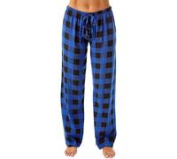 Pantalon décontracté à carreaux confortable avec poches et cordon de serrage en coton satiné - Pantalon de pyjama ample - Vêtements de nuit pour femme - Pantalon de pyjama en coton brossé, bleu, 3XL