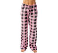 Pantalon décontracté à carreaux confortable avec poches et cordon de serrage en coton satiné - Pantalon de pyjama ample - Vêtements de nuit pour femme - Pantalon de pyjama en coton brossé, rose, 3XL