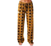 Pantalon décontracté à carreaux confortable avec poches et cordon de serrage en coton satiné - Pantalon de pyjama ample - Vêtements de nuit pour femme - Pantalon de pyjama en coton brossé, Orange, M