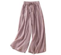 Pantalon décontracté à Jambes Larges avec Broderie, Taille élastique, Ourlet Droit Fluide, Pantalon d'été Polyvalent en Lin à Plis#Z