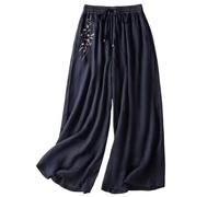 Pantalon décontracté à Jambes Larges avec Broderie, Taille élastique, Ourlet Droit Fluide, Pantalon d'été Polyvalent en Lin à Plis#Z