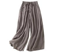 Pantalon décontracté à Jambes Larges avec Broderie, Taille élastique, Ourlet Droit Fluide, Pantalon d'été Polyvalent en Lin à Plis#Z