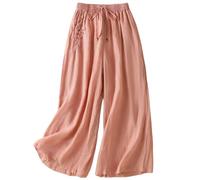 Pantalon décontracté à Jambes Larges avec Broderie, Taille élastique, Ourlet Droit Fluide, Pantalon d'été Polyvalent en Lin à Plis#Z