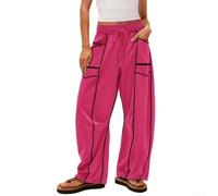 Pantalon décontracté à rayures larges pour femme avec cordon de serrage à la taille et poches, conçu pour une flexibilité et un confort modérés (XL rose vif)