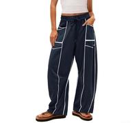 Pantalon décontracté à rayures larges pour femme avec cordon de serrage à la taille et poches, conçu pour une flexibilité et un confort modérés (taille XL, bleu foncé)