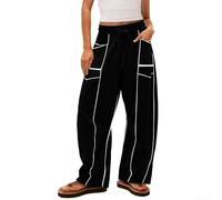 Pantalon décontracté à rayures larges pour femme avec cordon de serrage à la taille et poches, conçu pour une flexibilité et un confort modérés (taille XL est noir)