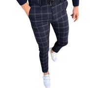 Pantalon Décontracté à Zip Coupe Slim Imprimé à Carreaux Pantalon Tendance Internet Col Droit avec Fermeture Pantalons de Ville Léger Motif Graphique Bas Fashion Tendance