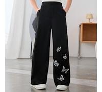 Pantalon décontracté ample à jambes larges avec imprimé papillon tressé pour préadolescentes, noir. Convient pour les sorties printanières, la campagne, les garden-parties, les sorties décontractées,