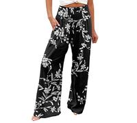 Pantalon décontracté de style hawaïen pour femme - Pantalon de nettoyage extensible et élastique - Taille haute - Jambe large - Imprimé floral - Pantalon d'entraînement ample avec poche, noir 1, L