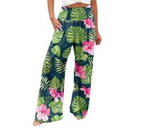 Pantalon décontracté de style hawaïen pour femme - Pantalon de nettoyage extensible et élastique - Taille haute - Jambe large - Imprimé floral - Pantalon d'entraînement ample avec poche, Vert 1, L