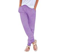 Pantalon décontracté en coton et lin pour femme, coupe ample, coupe droite, taille élastique, cordon de serrage, taille élastique, avec poches, pantalon droit léger et confortable, violet, 4XL