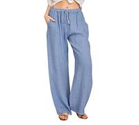 Pantalon décontracté en Coton et Lin pour Femme, Pantalon de détente à Jambe Large avec Poches, Taille Haute élastique avec Cordon de Serrage