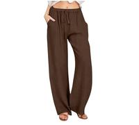 Pantalon décontracté en Coton et Lin pour Femme, Pantalon de détente à Jambe Large avec Poches, Taille Haute élastique avec Cordon de Serrage (Coffee-1, L)
