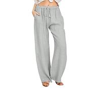 Pantalon décontracté en Coton et Lin pour Femme, Pantalon de détente à Jambe Large avec Poches, Taille Haute élastique avec Cordon de Serrage