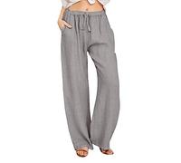 Pantalon décontracté en Coton et Lin pour Femme, Pantalon de détente à Jambe Large avec Poches, Taille Haute élastique avec Cordon de Serrage