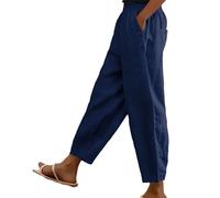 Pantalon décontracté en coton et lin pour femme - Pantalon long de couleur unie avec poches, coupe ample et respirant pour l'été, taille élastique, pantalon de jogging Palazzo, bleu marine, XXL