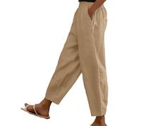 Pantalon décontracté en coton et lin pour femme - Pantalon long de couleur unie avec poches, coupe ample et respirant pour l'été, taille élastique, pantalon de jogging Palazzo, kaki, XL
