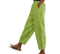 Pantalon décontracté en coton et lin pour femme - Pantalon long de couleur unie avec poches, coupe ample et respirant pour l'été, taille élastique, pantalon de jogging Palazzo, Vert, S
