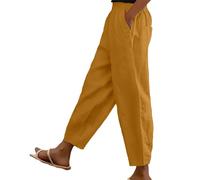 Pantalon décontracté en coton et lin pour femme - Pantalon long de couleur unie avec poches, coupe ample et respirant pour l'été, taille élastique, pantalon de jogging Palazzo, Orange, XL