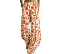 Pantalon décontracté en lin de coton élastique pour femme Pantalon large décontracté droit léger décontracté Pantalon de travail long avec poches, Orange, M