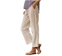 Pantalon décontracté en lin de coton taille haute élastique long confortable confortable pour la plage Léger et frais Tissu doux, Kaki, L